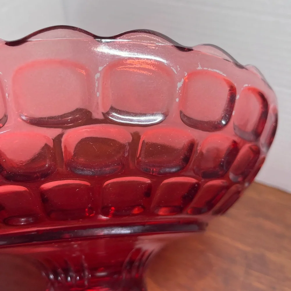 Vintage Federal Glass Yorktown Colonial Ruby Red Thumbprint Footed Bowl 10”